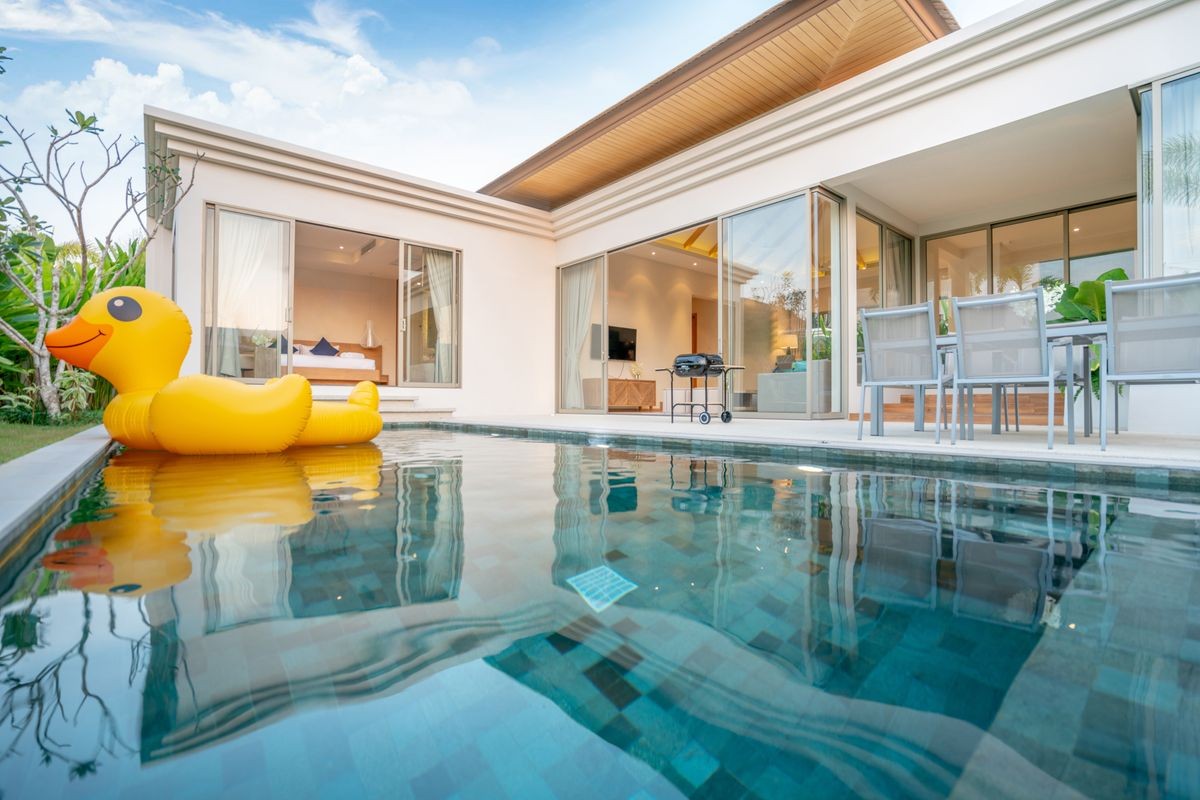 home or house Exterior design showing tropical pool villa with greenery garden, sun bed and floating duck home or house Exterior design showing tropical pool villa with greenery garden, sun bed and floating duck